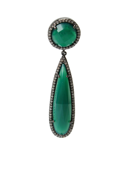 Designer Womens Gunmetal Tone Dyed Green Chalcedony + Diamond Drop Earrings