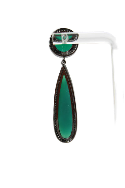 Designer Womens Gunmetal Tone Dyed Green Chalcedony + Diamond Drop Earrings