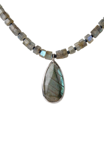 Designer Womens 925 Silver Labradorite + Apatite Beaded Pendant Necklace 18" 14g