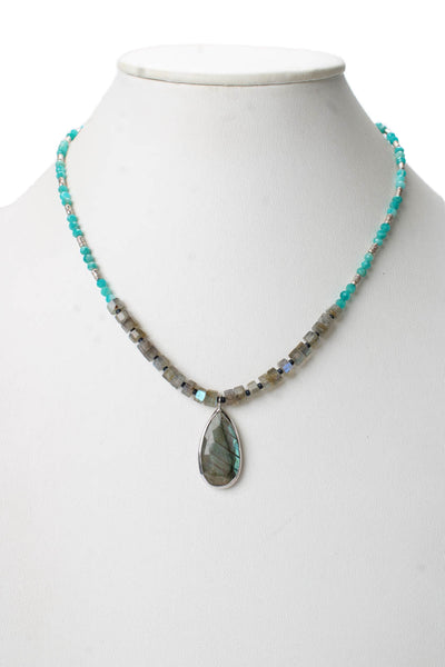Designer Womens 925 Silver Labradorite + Apatite Beaded Pendant Necklace 18" 14g