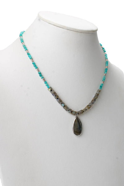 Designer Womens 925 Silver Labradorite + Apatite Beaded Pendant Necklace 18" 14g