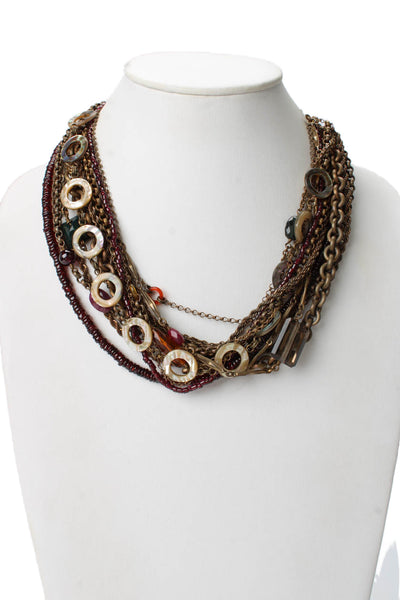 Designer Womens Brass Garnet Multigemstone Layered Statement Necklace 21"