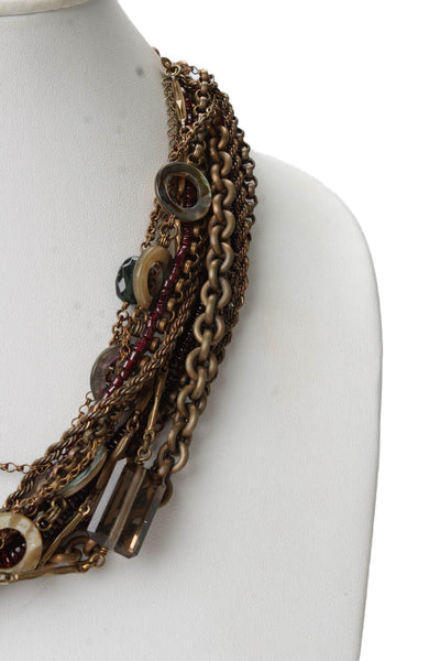 Designer Womens Brass Garnet Multigemstone Layered Statement Necklace 21"