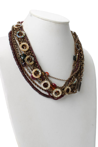 Designer Womens Brass Garnet Multigemstone Layered Statement Necklace 21"