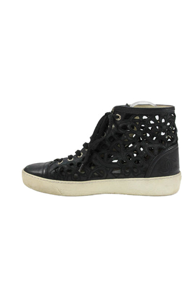 Chanel Womens Leather Eyelet High Top Lace Up Sneakers Black Size 36 6