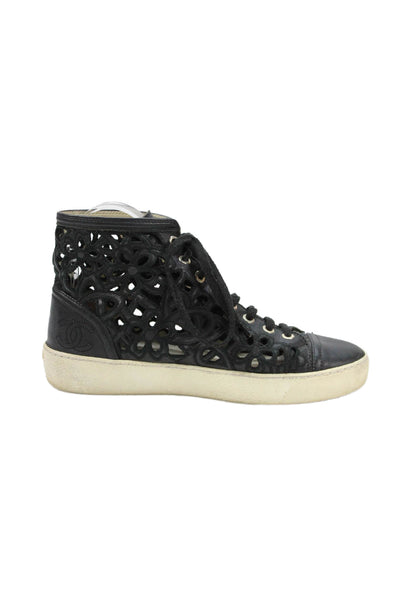 Chanel Womens Leather Eyelet High Top Lace Up Sneakers Black Size 36 6