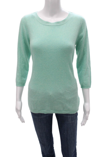 Kinross Cashmere Women Pullover Sweater Green Boat Neck 3/4 Sleeve Size S
