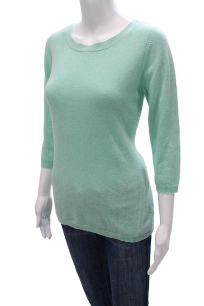 Kinross Cashmere Women Pullover Sweater Green Boat Neck 3/4 Sleeve Size S