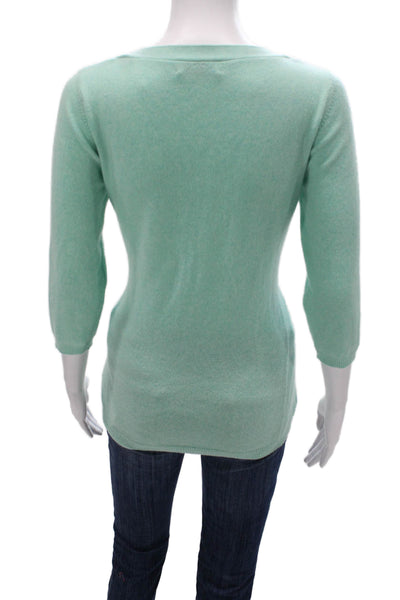 Kinross Cashmere Women Pullover Sweater Green Boat Neck 3/4 Sleeve Size S