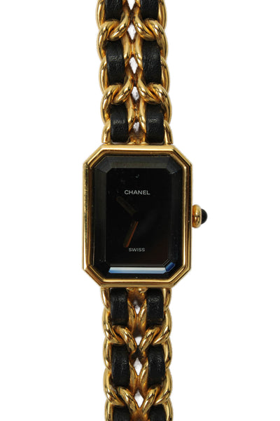 Chanel Womens Vintage Gold Tone Black Leather Priemere Rock Quartz Watch 20mm