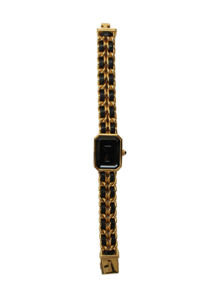 Chanel Womens Vintage Gold Tone Black Leather Priemere Rock Quartz Watch 20mm
