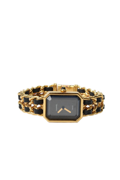 Chanel Womens Vintage Gold Tone Black Leather Priemere Rock Quartz Watch 20mm