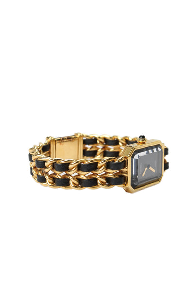 Chanel Womens Vintage Gold Tone Black Leather Priemere Rock Quartz Watch 20mm