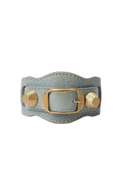Balenciaga Womens Blue Leather Gold Plated Arena Giant Wrap Bracelet 7"