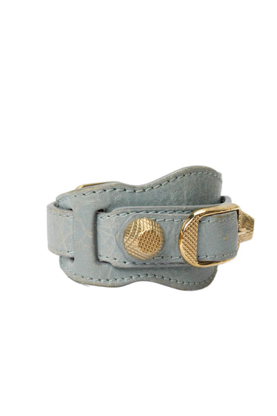 Balenciaga Womens Blue Leather Gold Plated Arena Giant Wrap Bracelet 7"