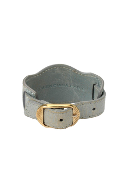 Balenciaga Womens Blue Leather Gold Plated Arena Giant Wrap Bracelet 7"