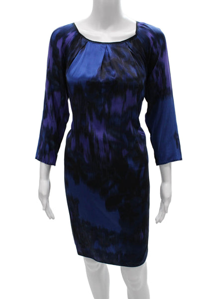 Elie Tahari Women Shift Dress Blue Silk Scoop Neck Tie 3/4 Sleeve Knee Size S