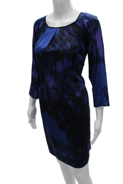 Elie Tahari Women Shift Dress Blue Silk Scoop Neck Tie 3/4 Sleeve Knee Size S