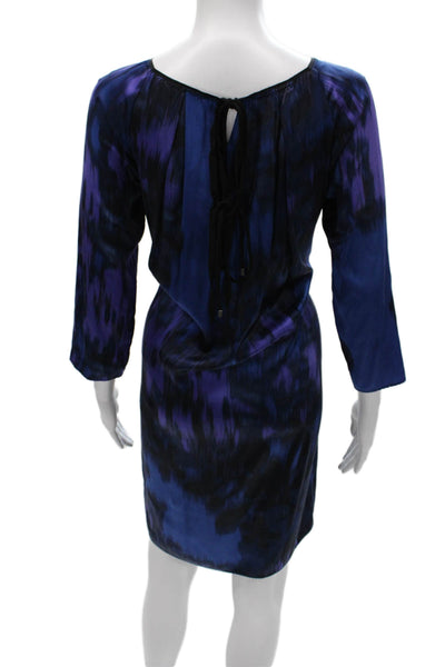 Elie Tahari Women Shift Dress Blue Silk Scoop Neck Tie 3/4 Sleeve Knee Size S