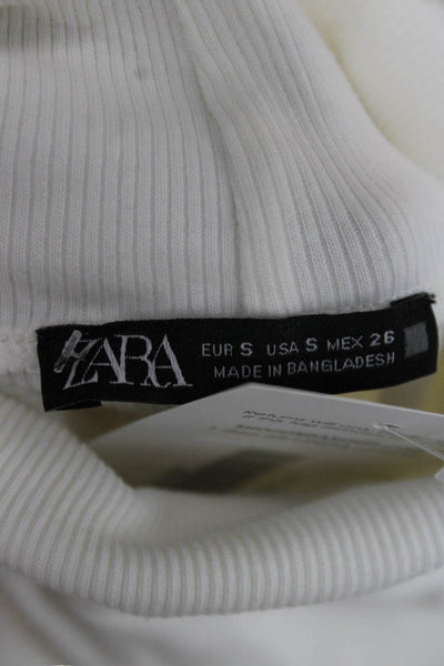 Zara Women White Cotton Turtleneck Short Sleeve Basic T-Shirt Size S