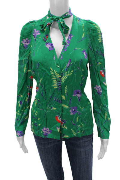 Maje Women Green Floral V-Neck Long Sleeve Blouse Button Polyester Size 1