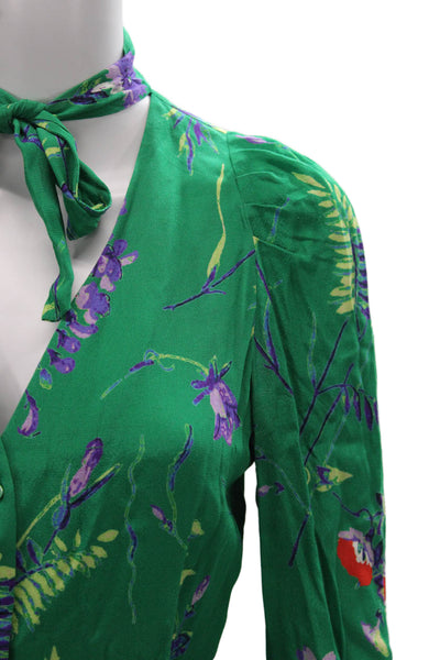 Maje Women Green Floral V-Neck Long Sleeve Blouse Button Polyester Size 1