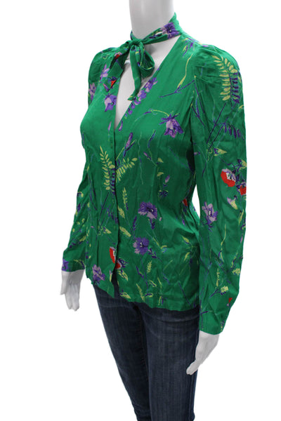 Maje Women Green Floral V-Neck Long Sleeve Blouse Button Polyester Size 1