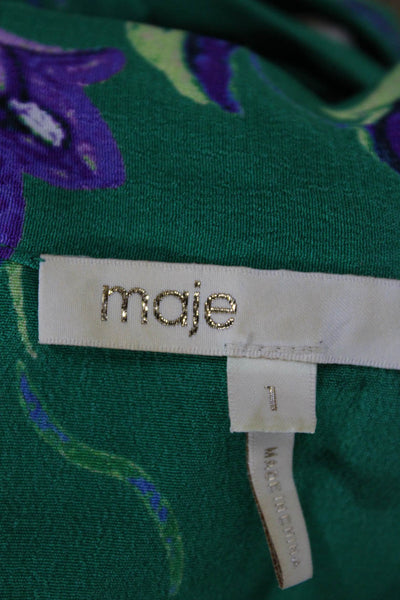 Maje Women Green Floral V-Neck Long Sleeve Blouse Button Polyester Size 1