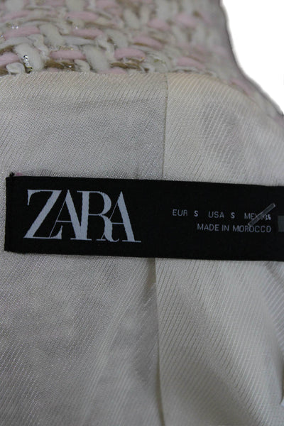 Zara Women Metallic Check Blazer Pink Button Long Sleeve Size S