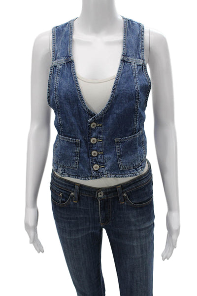 Free People Womens Sleeveless Cotton Button V Neck Vest Blue Size S