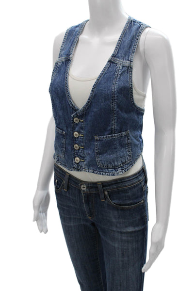 Free People Womens Sleeveless Cotton Button V Neck Vest Blue Size S