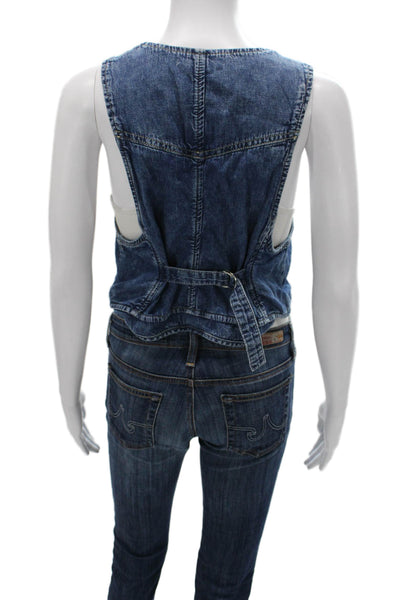 Free People Womens Sleeveless Cotton Button V Neck Vest Blue Size S