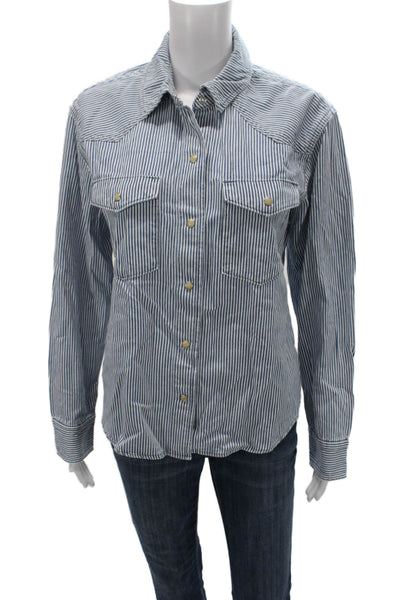 Xirena Women Basic Blue Striped Collared Button-Up Long Sleeve Cotton Size S