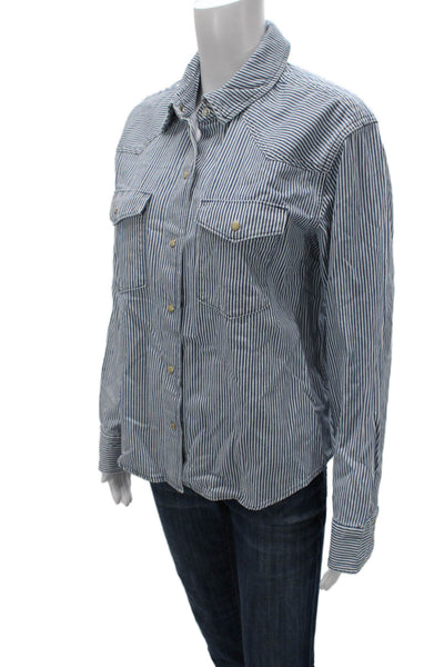Xirena Women Basic Blue Striped Collared Button-Up Long Sleeve Cotton Size S