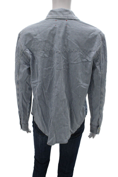 Xirena Women Basic Blue Striped Collared Button-Up Long Sleeve Cotton Size S