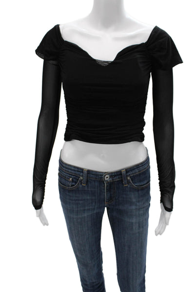 Majorelle Women Off Shoulder Cropped Blouse Black Nylon Long Sleeve Size S