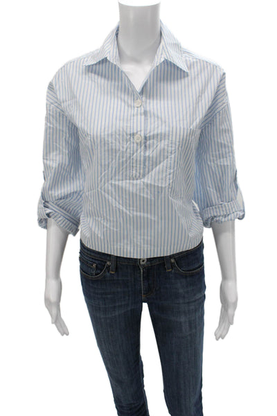Tuckernuck Womens Striped Cotton Collared Blouse 3/4 Sleeve Blue Size S