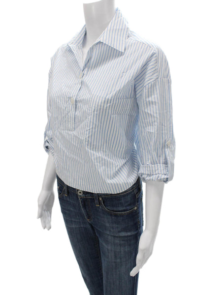 Tuckernuck Womens Striped Cotton Collared Blouse 3/4 Sleeve Blue Size S
