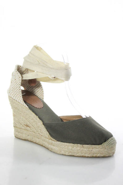 J Crew Creme Green Closed Toe Ankle Lace Up Wedge Espadrilles Size 7