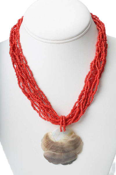 Designer Womens Red Coral Seed Bead Mother of Pearl Flower Pendant Necklace 17"