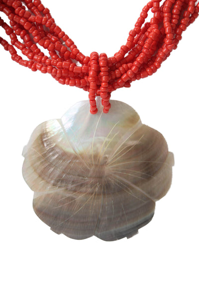 Designer Womens Red Coral Seed Bead Mother of Pearl Flower Pendant Necklace 17"