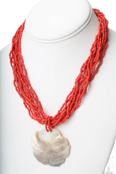 Designer Womens Red Coral Seed Bead Mother of Pearl Flower Pendant Necklace 17"