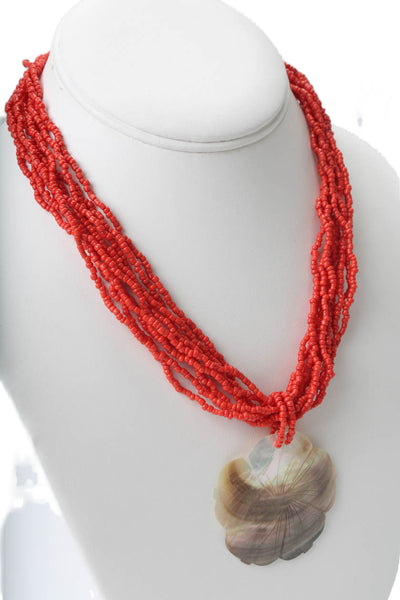 Designer Womens Red Coral Seed Bead Mother of Pearl Flower Pendant Necklace 17"