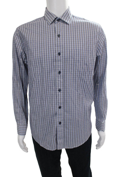 Tasso Elba Mens Blue Cotton Check Dress Shirt Button Up Size 15.5