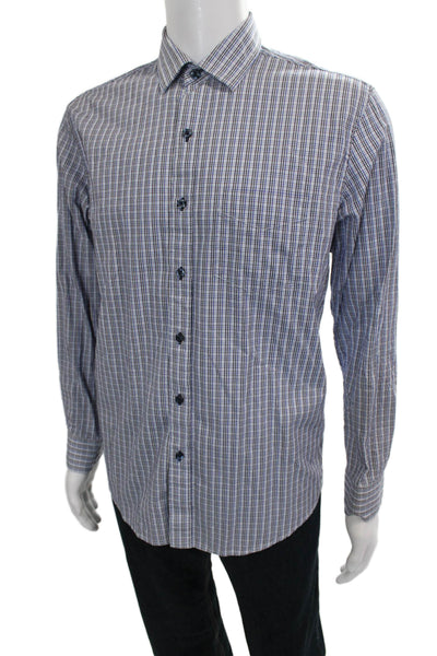 Tasso Elba Mens Blue Cotton Check Dress Shirt Button Up Size 15.5