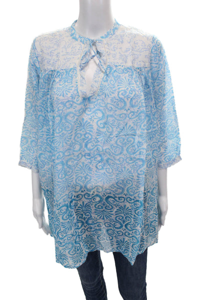 Roller Rabbit Women Tunic V-Neck 3/4 Sleeve Blue Geometric Cotton Tie Size S
