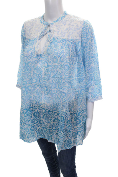 Roller Rabbit Women Tunic V-Neck 3/4 Sleeve Blue Geometric Cotton Tie Size S