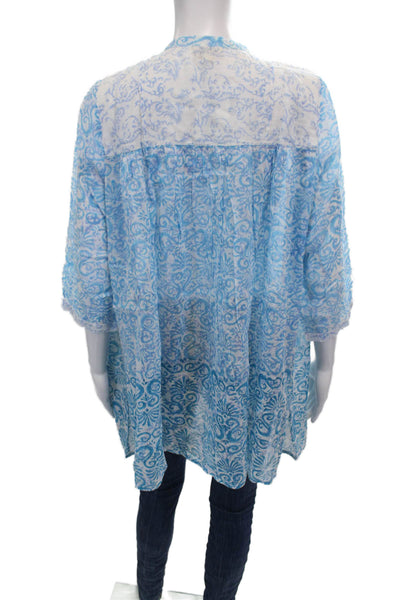 Roller Rabbit Women Tunic V-Neck 3/4 Sleeve Blue Geometric Cotton Tie Size S