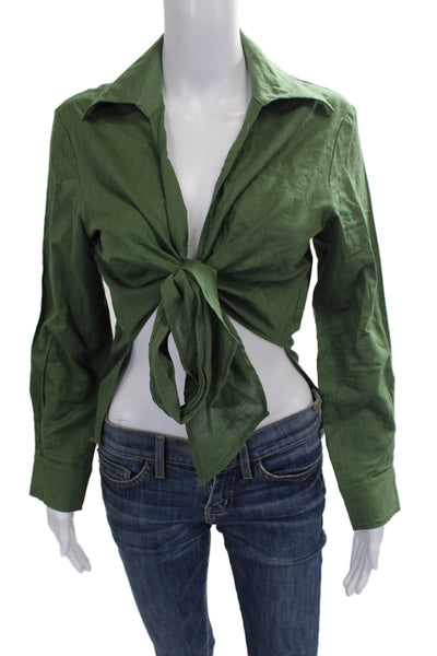 Gottex Womens Cropped Button-Up Green Linen Collared Long Sleeve Size S