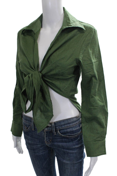 Gottex Womens Cropped Button-Up Green Linen Collared Long Sleeve Size S